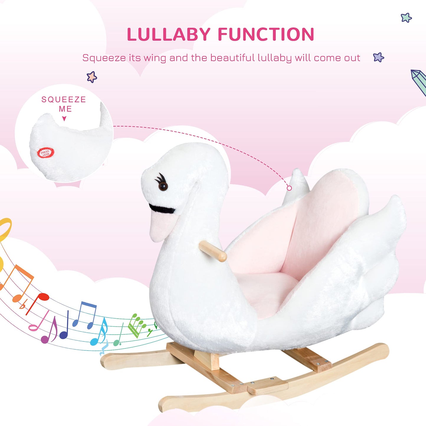 HOMCOM Kids Rocking Horse Plush Ride On Swan Toy w/Safety Seat for Toddler 18 Months +, White and Pink