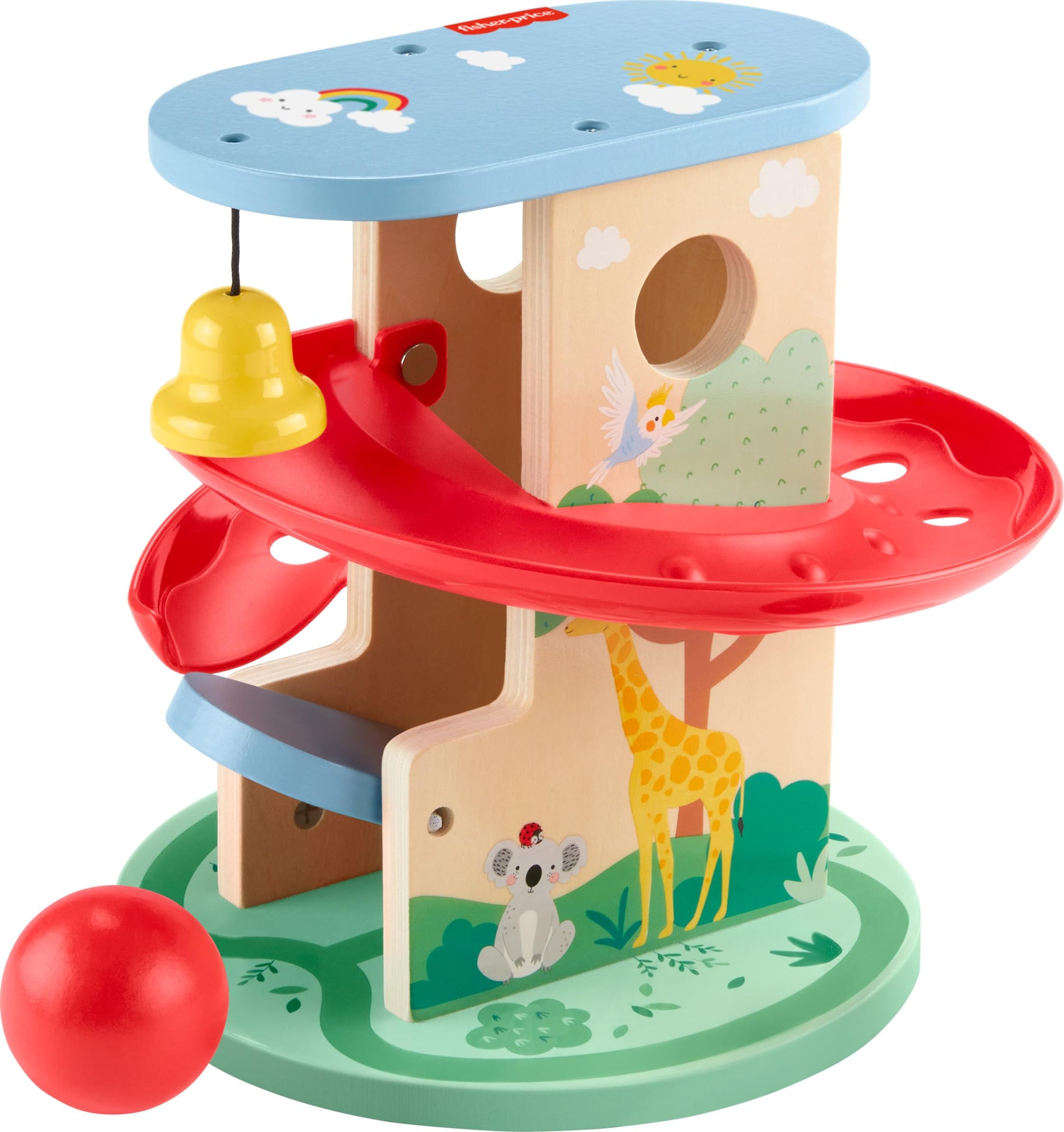 Fisher-Price wooden tree house ball run toy for babies and toddlers, featuring two wooden pieces for ages 9 months and up.