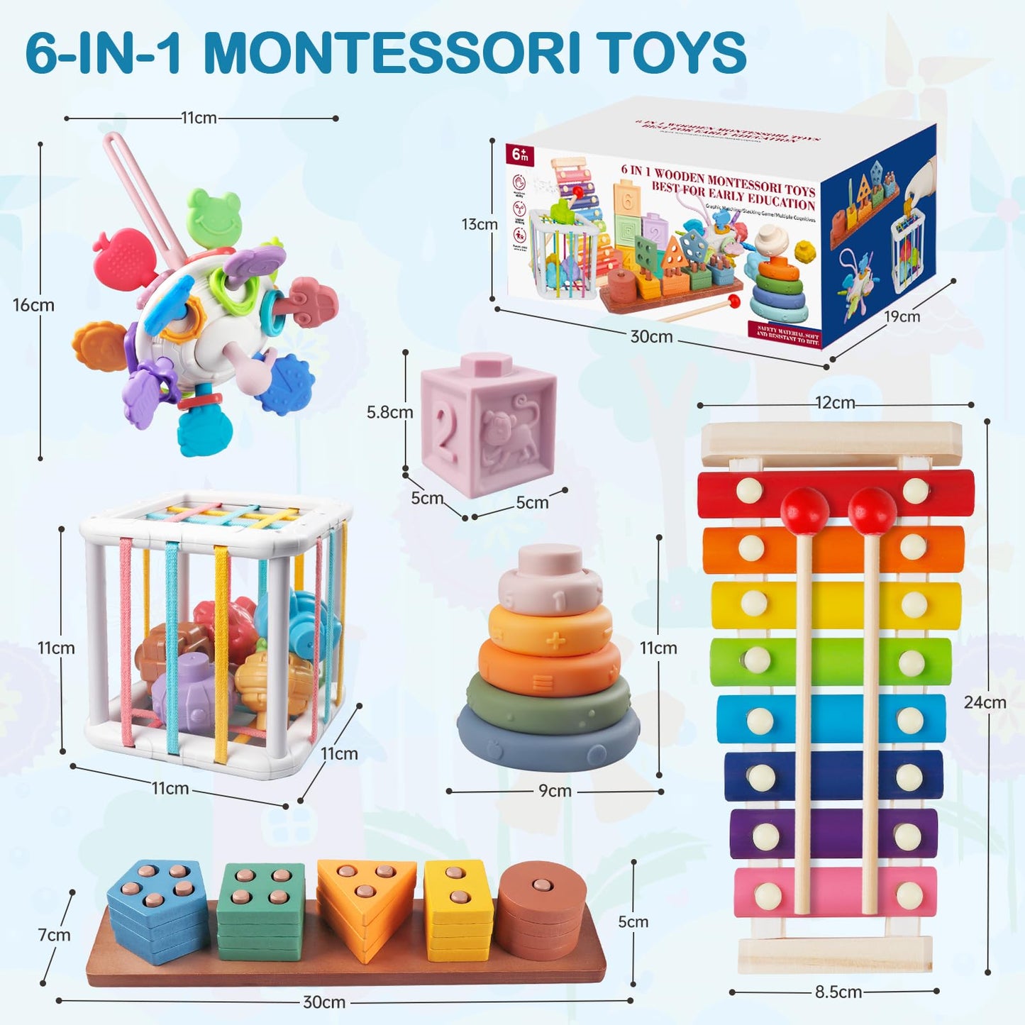 Baby Toys for 6 to 12 Months, Montessori Toys for Babies 6 Months -3 Year Old, 6 in 1 Wooden Sorting and Stacking Blocks Activity Cube Sensory Toy, Learning Baby Toys Gift for 6 7 8 9 12 Months