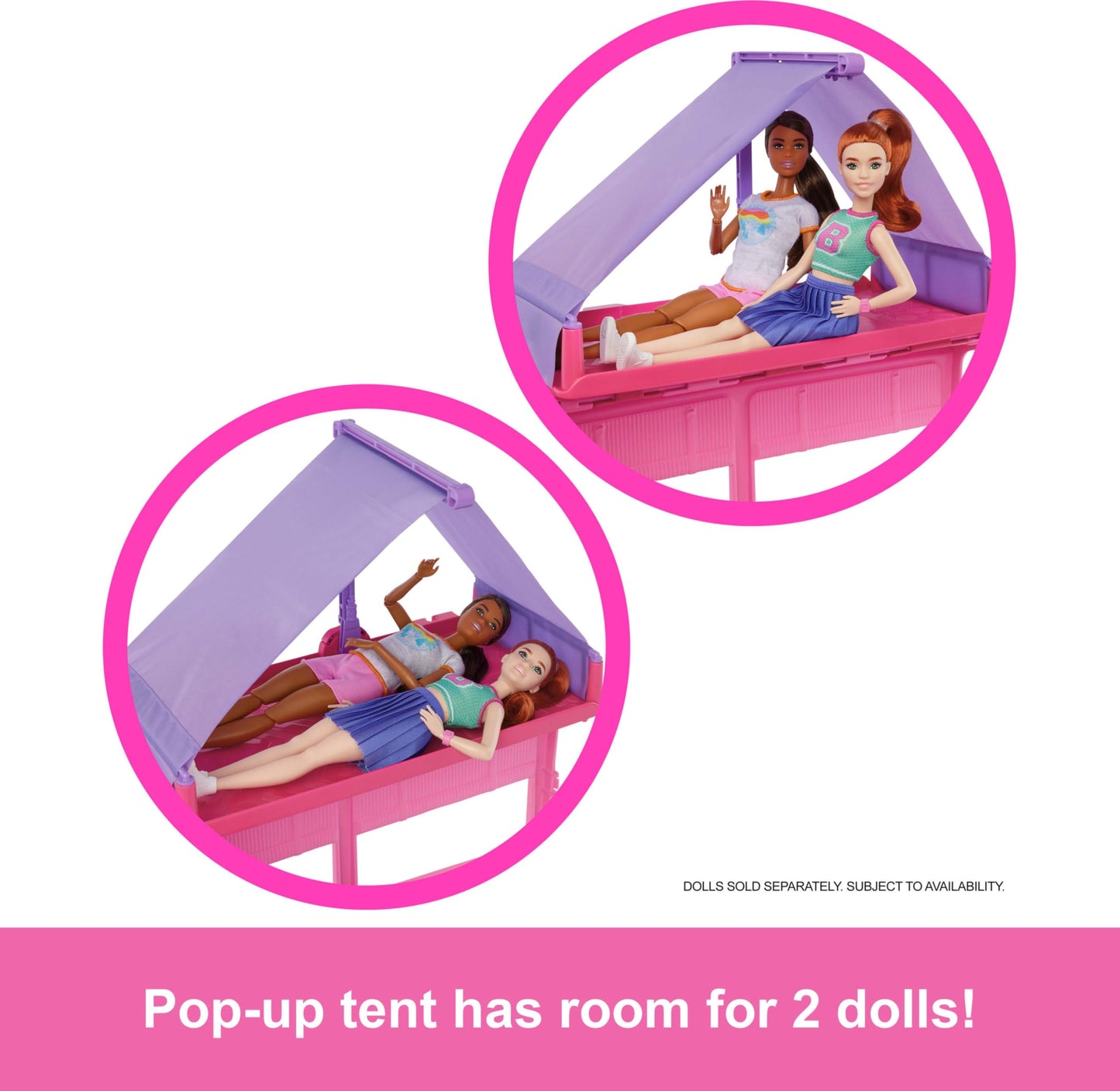 Barbie Dream Camper playset featuring a camper with roof tent, swing chair, fishing pond, BBQ grill, and over 60 accessories.