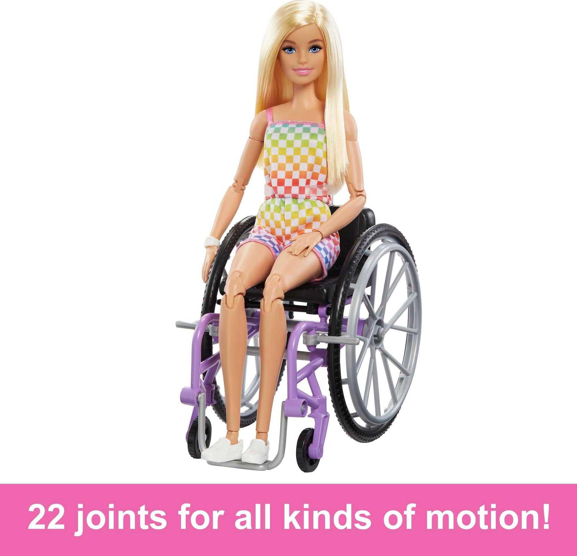 Barbie Fashionistas doll in a rainbow romper, with a wheelchair and ramp, perfect for imaginative play and inclusion.