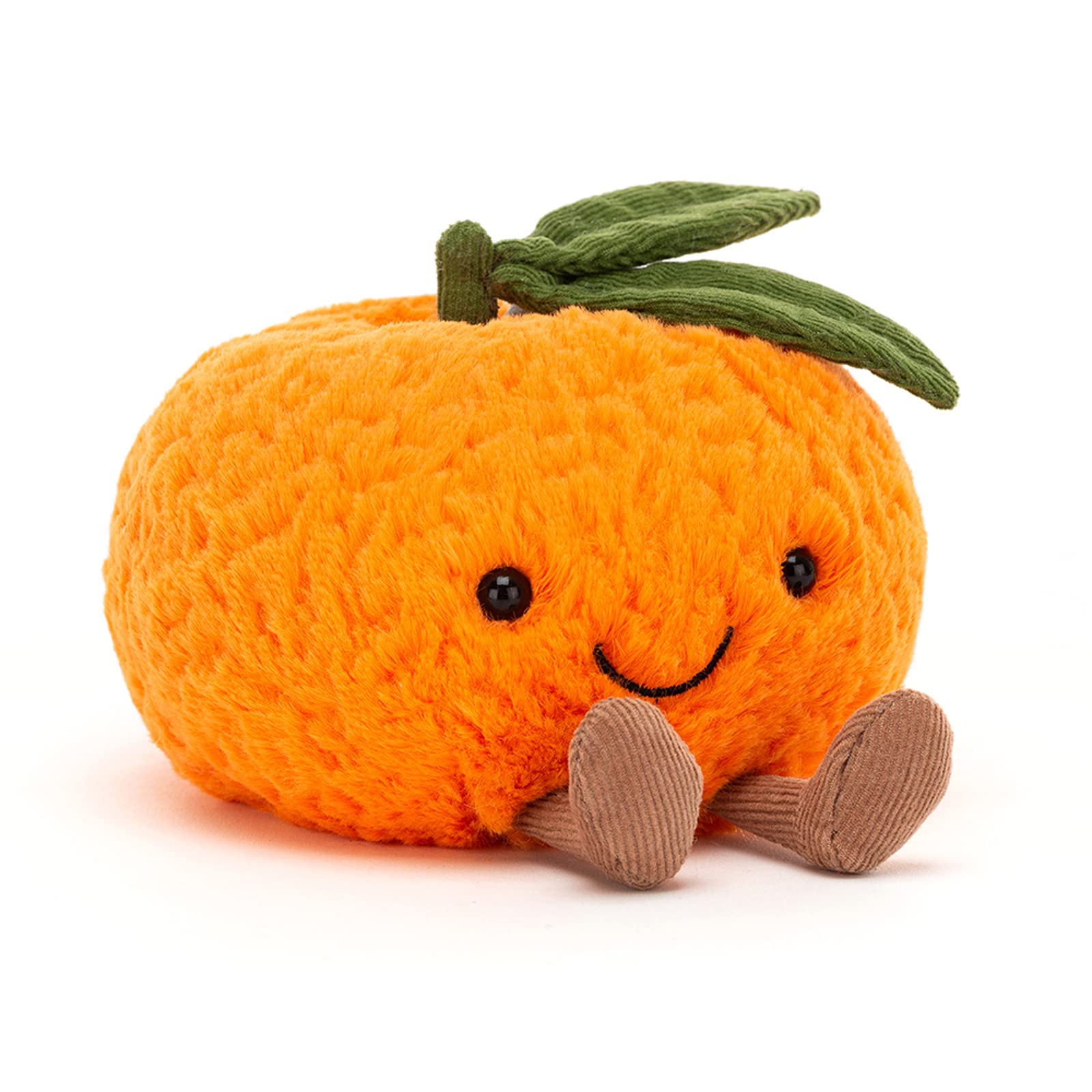 Small orange Jellycat Amuseable Clementine plush cat soft toy, featuring a smiling face and cute leaf details.