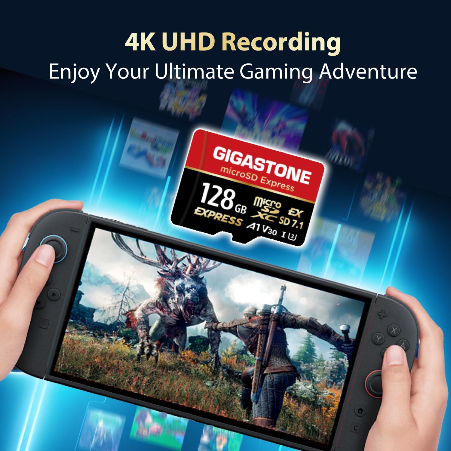 Gigastone 128GB microSDXC Express card with SD adapter, fast R/W speeds up to 880/500MB/s, compatible with Nintendo Switch 2 and cameras