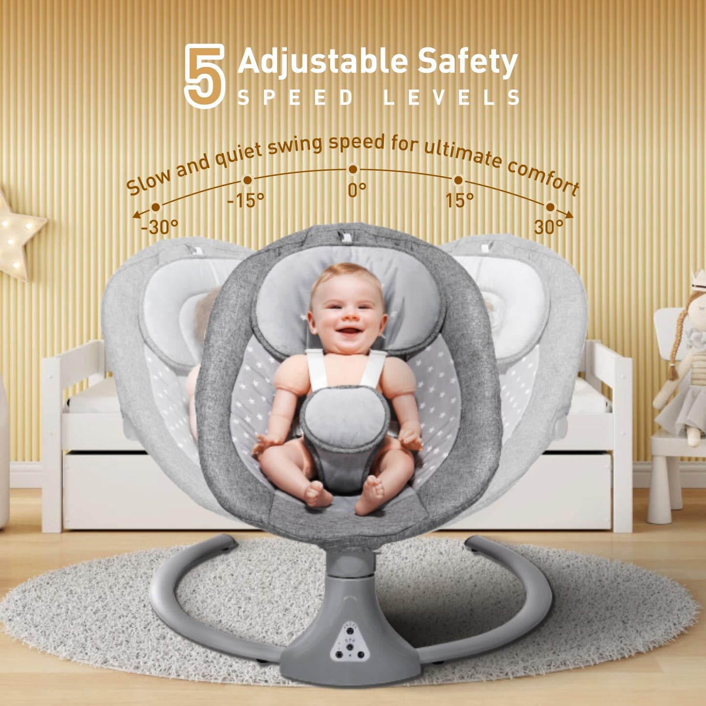 Gray Kisdream baby swing chair with Bluetooth remote, 5-speed bouncer, adjustable angles, and lullabies for newborn comfort.