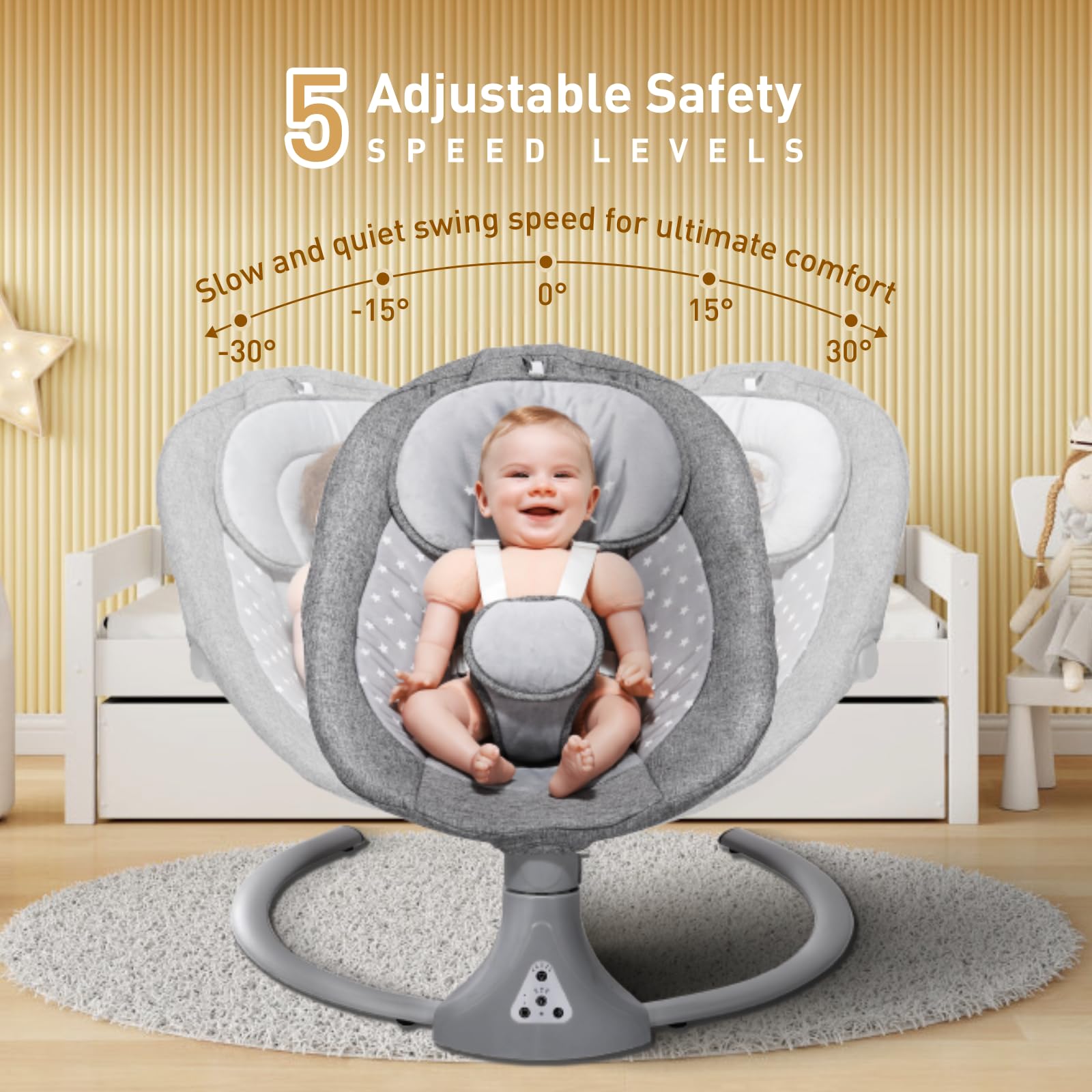 Gray Kisdream baby swing chair with Bluetooth remote, 5-speed bouncer, adjustable angles, and lullabies for newborn comfort.