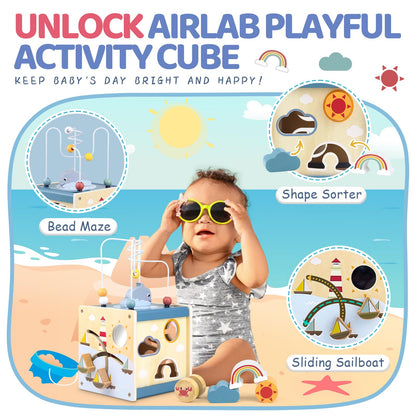 Airlab wooden activity cube with bead maze and shape sorter designed for babies aged 1 to 3, educational Montessori sensory toy.