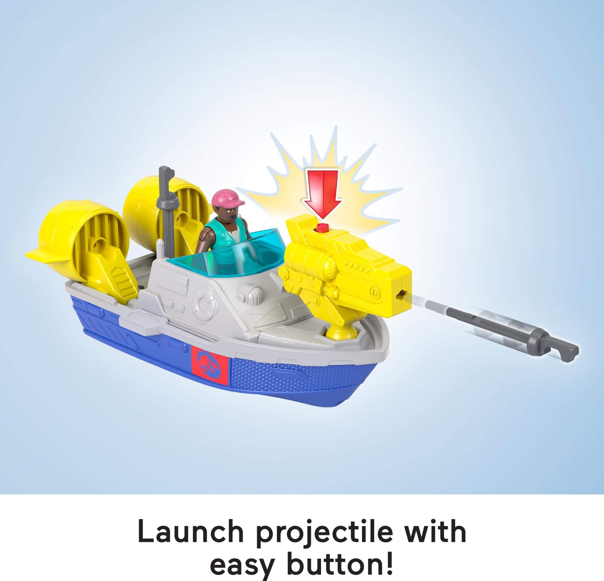Fisher-Price Imaginext Jurassic World Rebirth Aquachomp Chase Mosasaurus dinosaur toy with 3-inch action figure, launcher boat and projectiles.