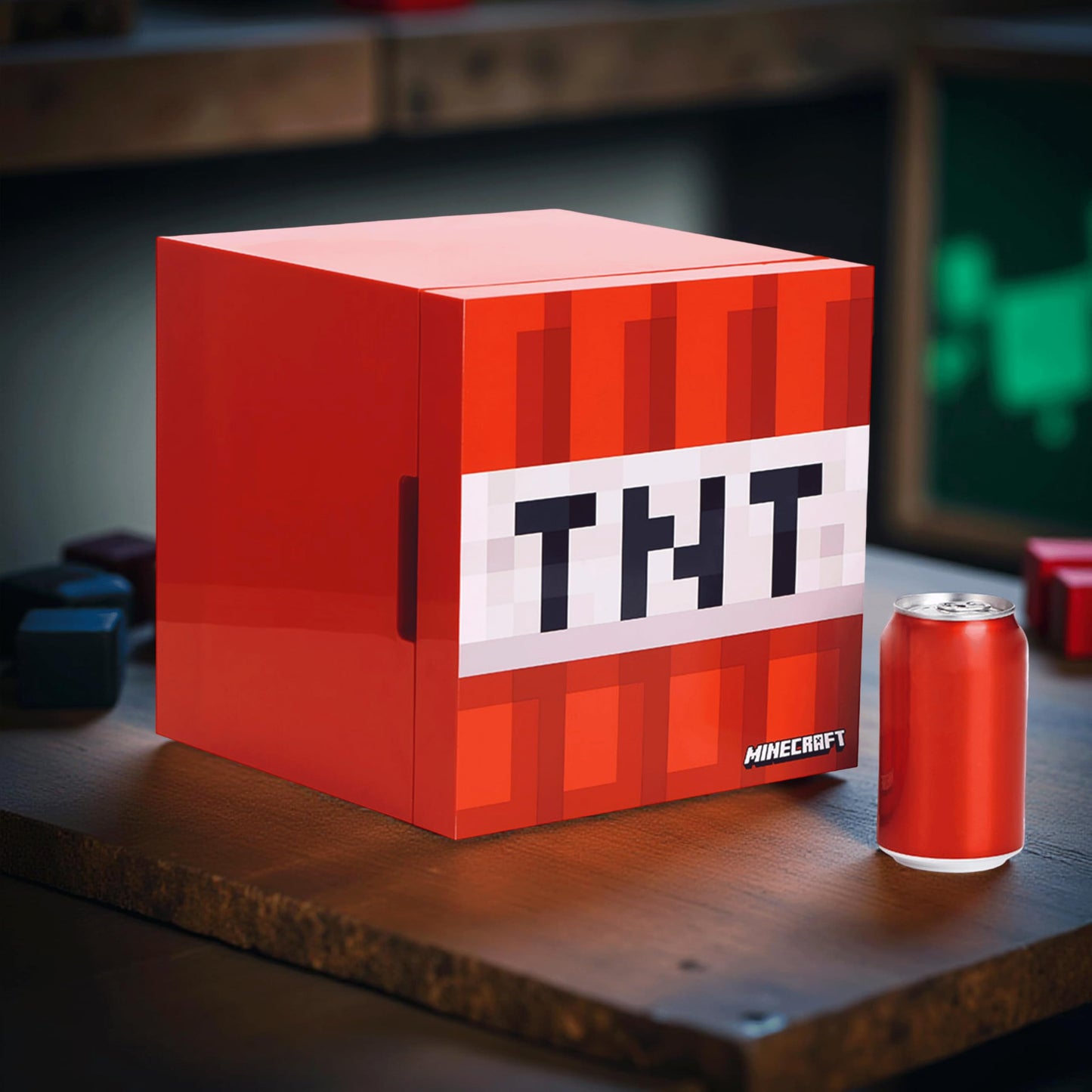 Menkind UKONiC Minecraft TNT Block mini fridge with AC/DC power options, 6-can capacity, featuring a TNT block design.