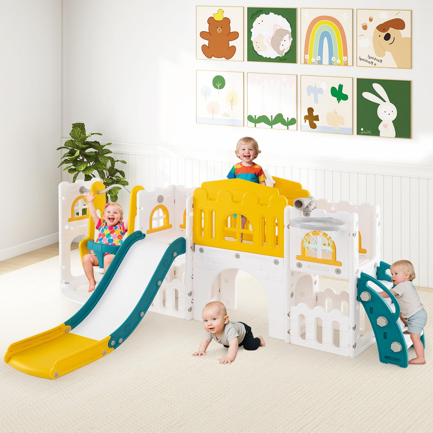 COSTWAY Toddler Swing and Slide Set, 10 in 1 Kids Slide with Climber Ladder, Basketball Hoop, Telescope, Tunnel, Storage Space, Indoor Outdoor Playground for 1+ Years Old (Green + Yellow)