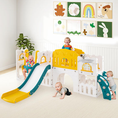 COSTWAY Toddler Swing and Slide Set, 10 in 1 Kids Slide with Climber Ladder, Basketball Hoop, Telescope, Tunnel, Storage Space, Indoor Outdoor Playground for 1+ Years Old (Green + Yellow)