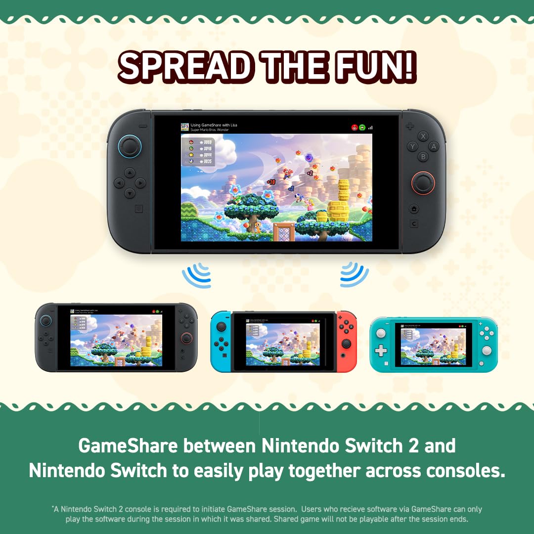 Nintendo Switch 2 edition of Super Mario Bros. Wonder game cover art featuring Mario, colorful characters, and vibrant background.