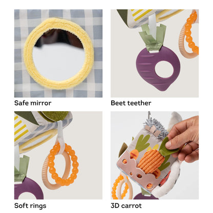 Taf Toys Urban Garden Activity Cube Sensory Baby Hanging Toy. Includes Teether, Baby Safe Mirror, Padded Handle, Chime Bell. Clips on Cot, Pram or Car Seat. Suitable for Boys & Girls 0 month +