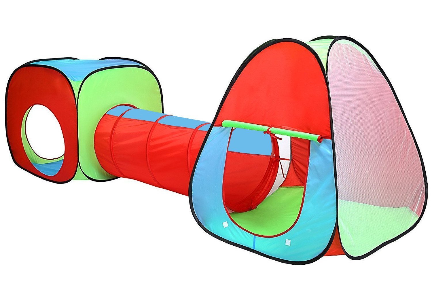 Colorful Tech Traders 3-in-1 kids' pop-up play tent and tunnel set with zippered storage bag, suitable for indoor and outdoor use.