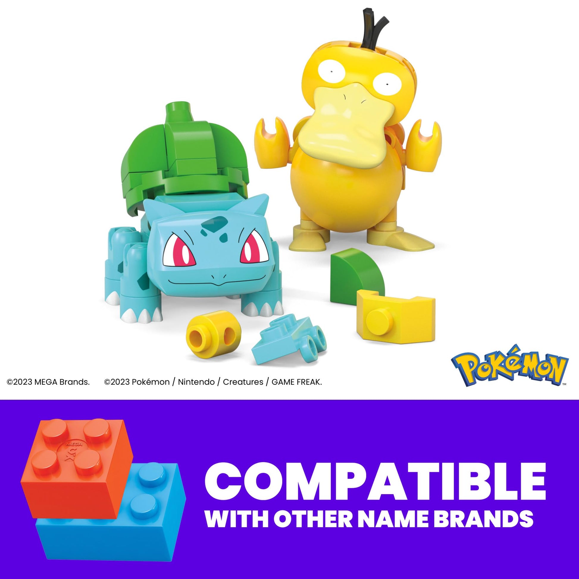 Mega Brands Pokémon building set featuring Bulbasaur and Psyduck with 63 pieces and Poké Ball, 2 inches tall.