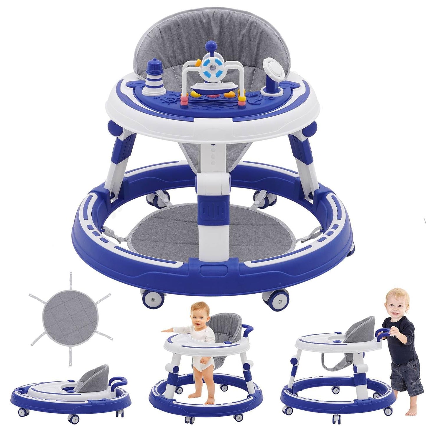 Maycoly foldable baby walker with seat, foot pads, light, sound features, round shape, and anti-rollover safety design.