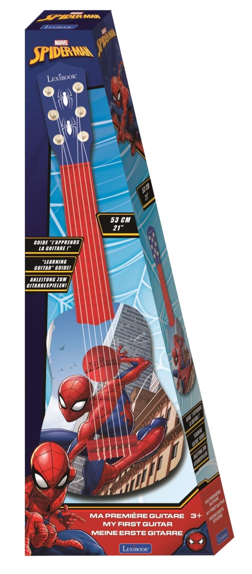 Lexibook Spider-Man children's guitar with 6 nylon strings, blue and red, 21 inches long, includes guide for beginners
