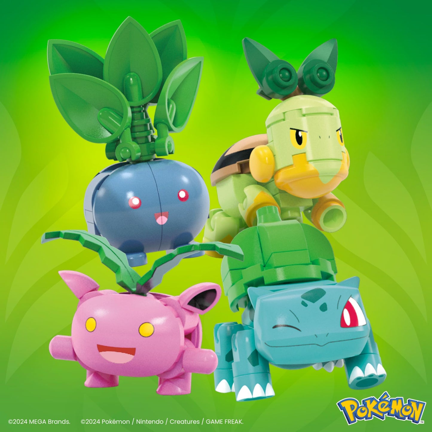 MEGA Pokémon building toys set featuring 4 poseable Grass-Type trainer characters, 118 pieces for kids, 2 inches tall.