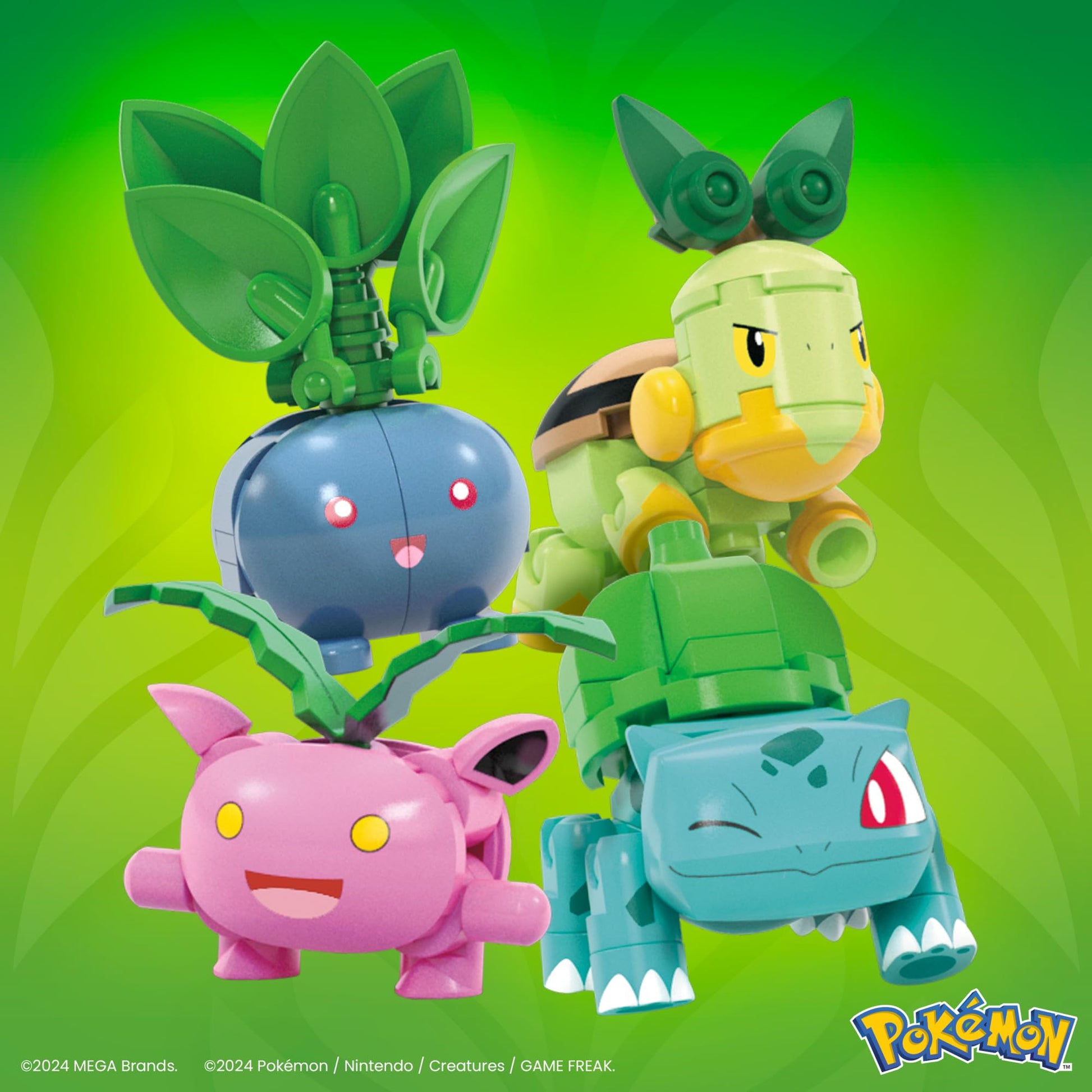 MEGA Pokémon building toys set featuring 4 poseable Grass-Type trainer characters, 118 pieces for kids, 2 inches tall.
