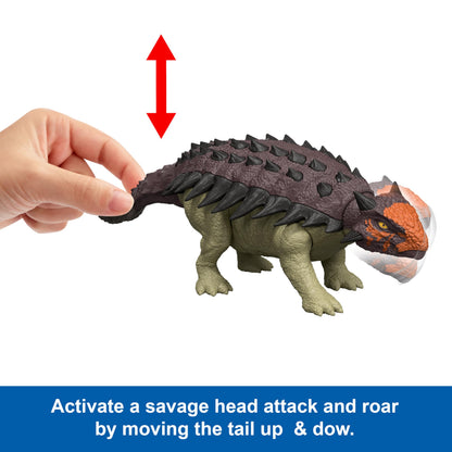 Mattel Jurassic World Rebirth Wild Roar Dinosaur Toy, Posable Ankylosaurus Figure, Tail Controlled Head Butt & Multi Attack & Sound, Digital Play, JGB90
