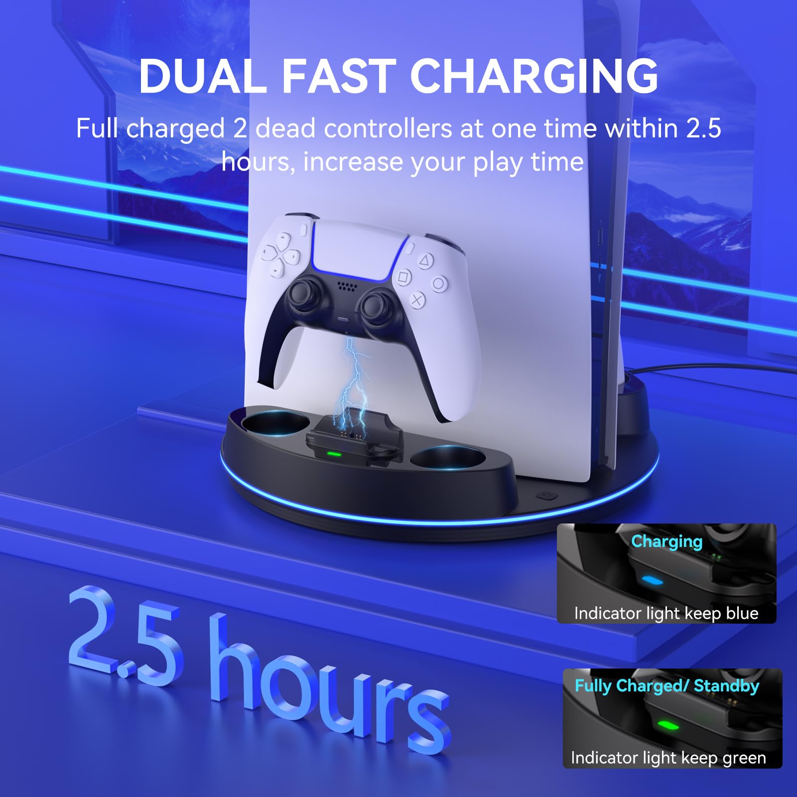 NEWDERY PS5 stand and dual controller charger station with RGB lights, designed for PlayStation 5 Digital and Disc consoles in black