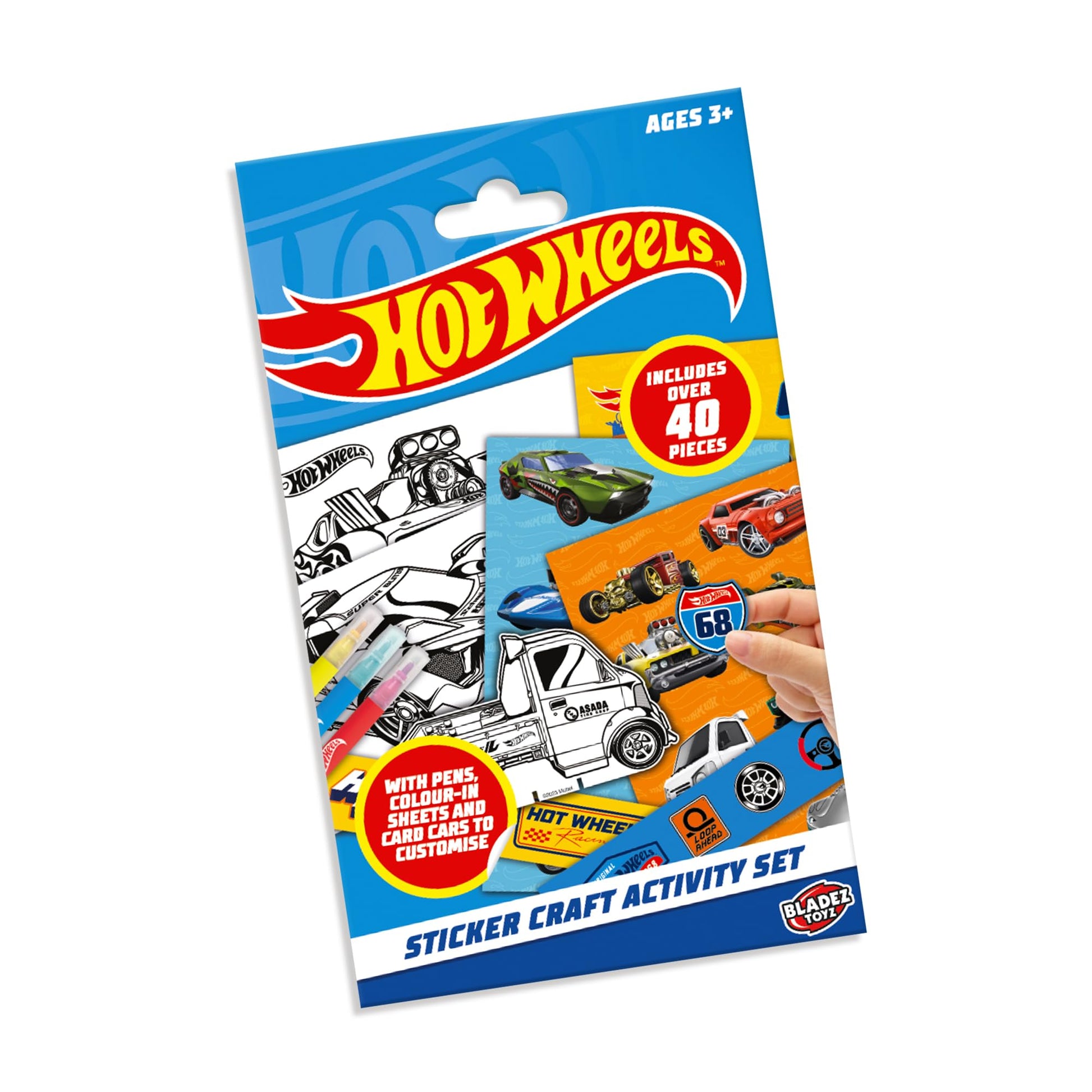 BLADEZ Hot Wheels sticker craft set with card cars, stickers, pens, and coloring sheets for kids' creative play.