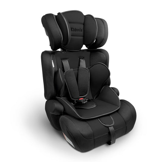 Kidoola Adjustable Car Seat for Toddlers & Children - Safety Certified Booster Seat, Padded & Comfortable with 3 Adjustable Age Functions & Straps, Up to 12 Years - ECE R44/04 (Black)