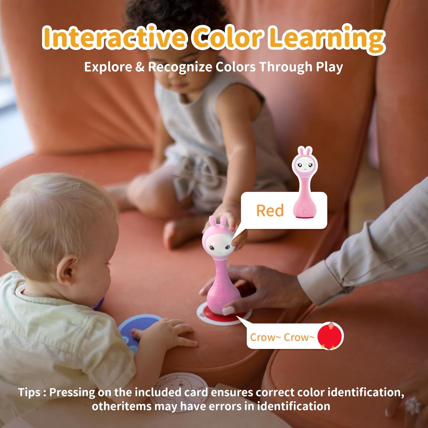 Pink Alilo Smarty Bunny baby rattle with lights, music, and sensory features for infants 0-12 months, including teething and color recognition.