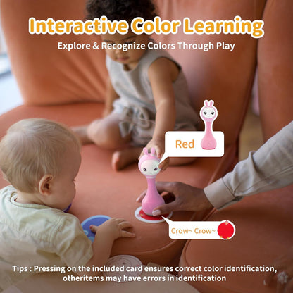 Pink Alilo Smarty Bunny baby rattle with lights, music, and sensory features for infants 0-12 months, including teething and color recognition.