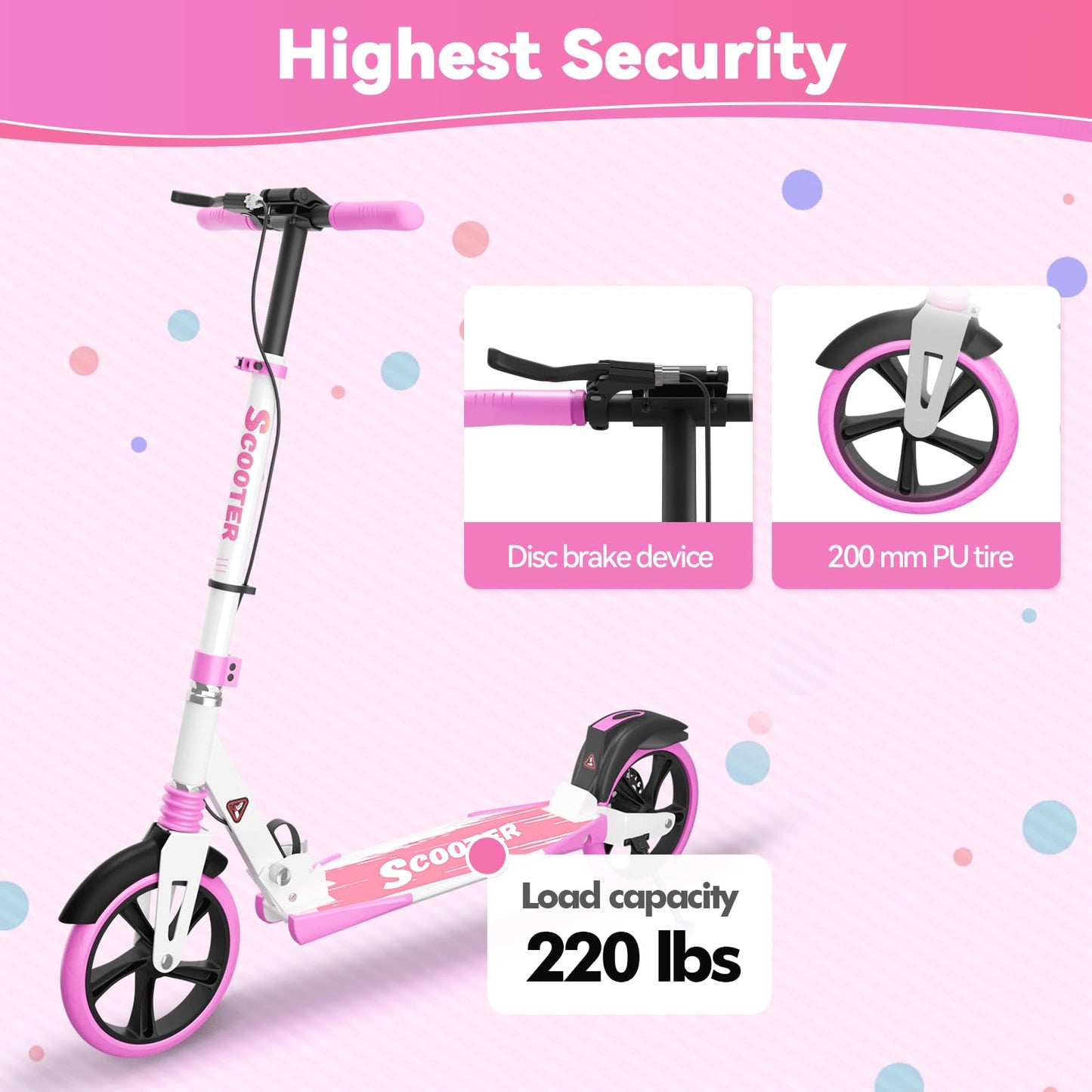 MEE GOO foldable scooter in pink with disc brake, dual shock absorbers, and 200mm PU wheels for teenagers and adults.