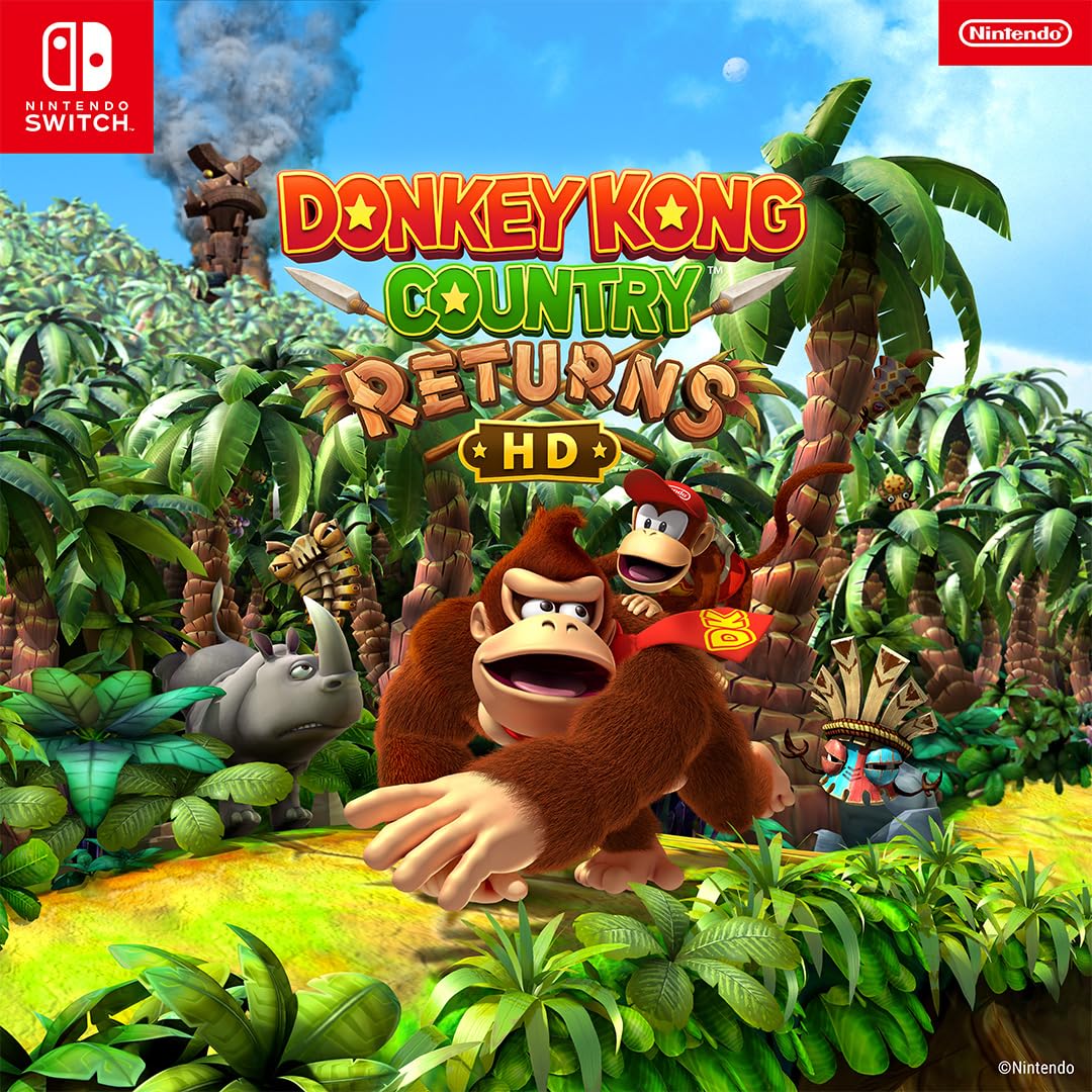 Nintendo Switch game cartridge for Donkey Kong Country Returns HD, featuring colorful jungle and character artwork.