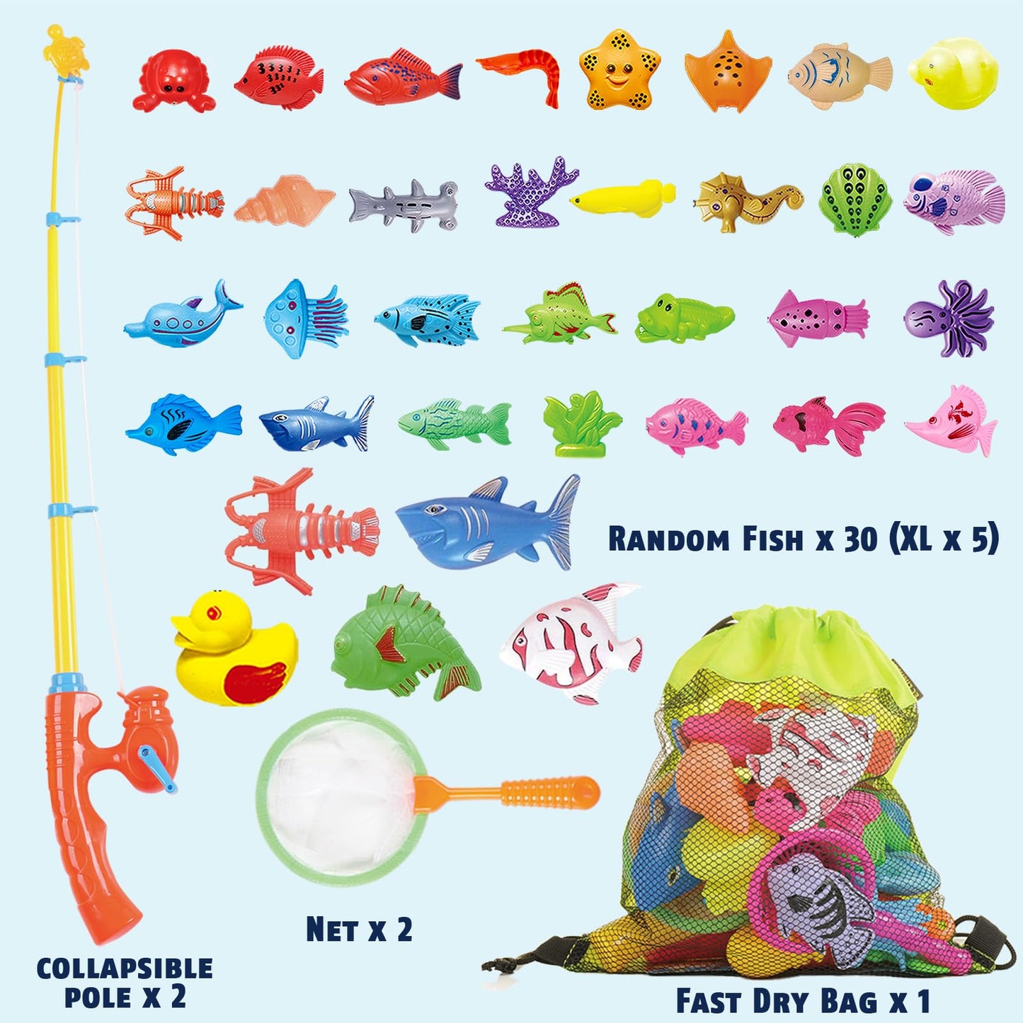 CozyBomB Magnetic Fishing Toys Game Set for Kids for Bath Time Pool Party with Pole Rod Net, Plastic Floating Fish - Toddler Education Teaching Christmas Birthday Gifts