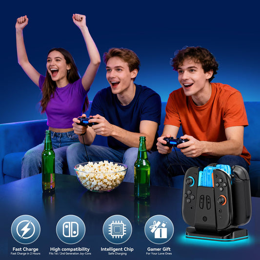 Rysker Switch 2-in-1 Controller Charger dock for Nintendo Switch, OLED, and Joy-Con, with 9 RGB lighting modes and fast charging station.