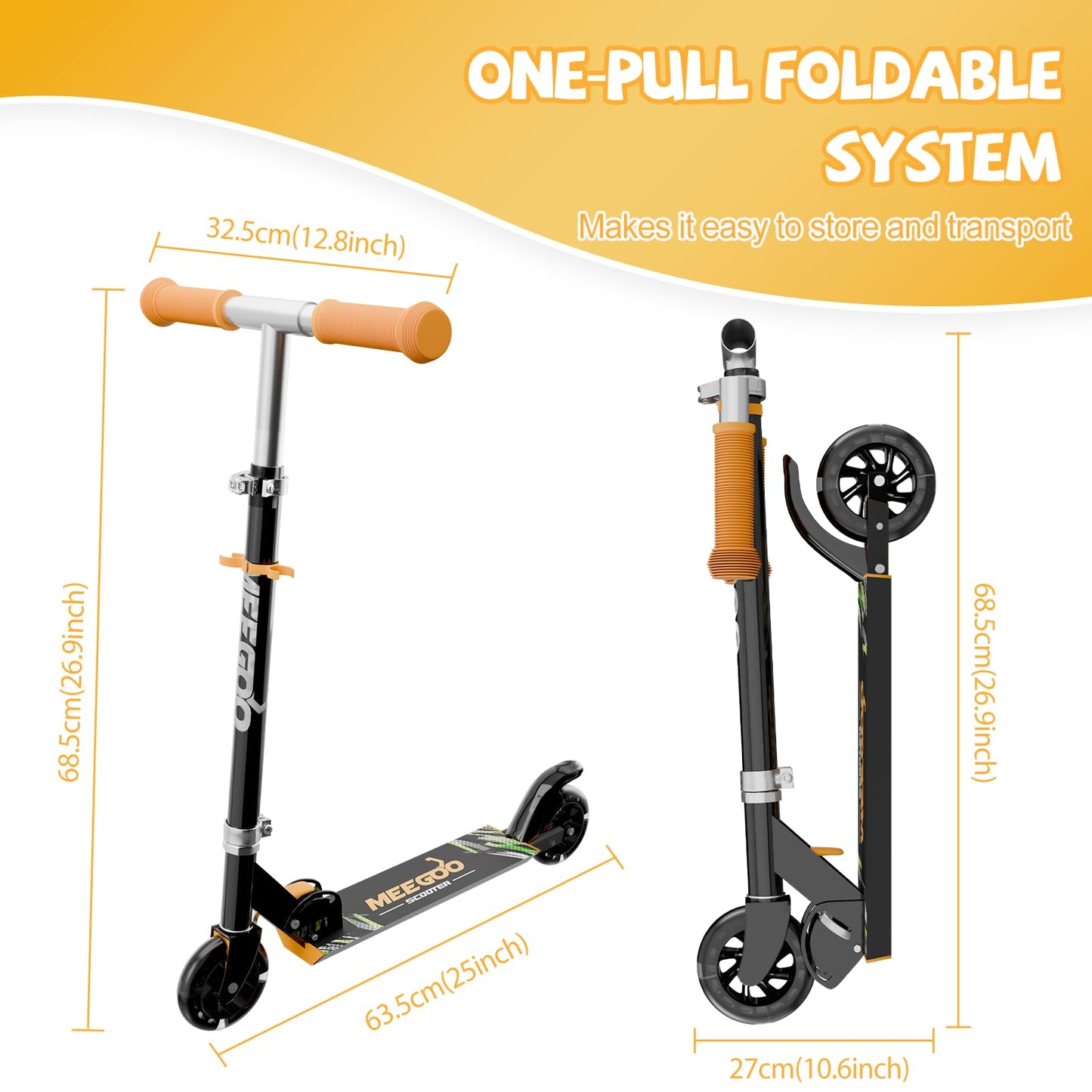 MEE GOO black scooter for kids with two wheels, light-up features, adjustable handlebar, and rear brake.