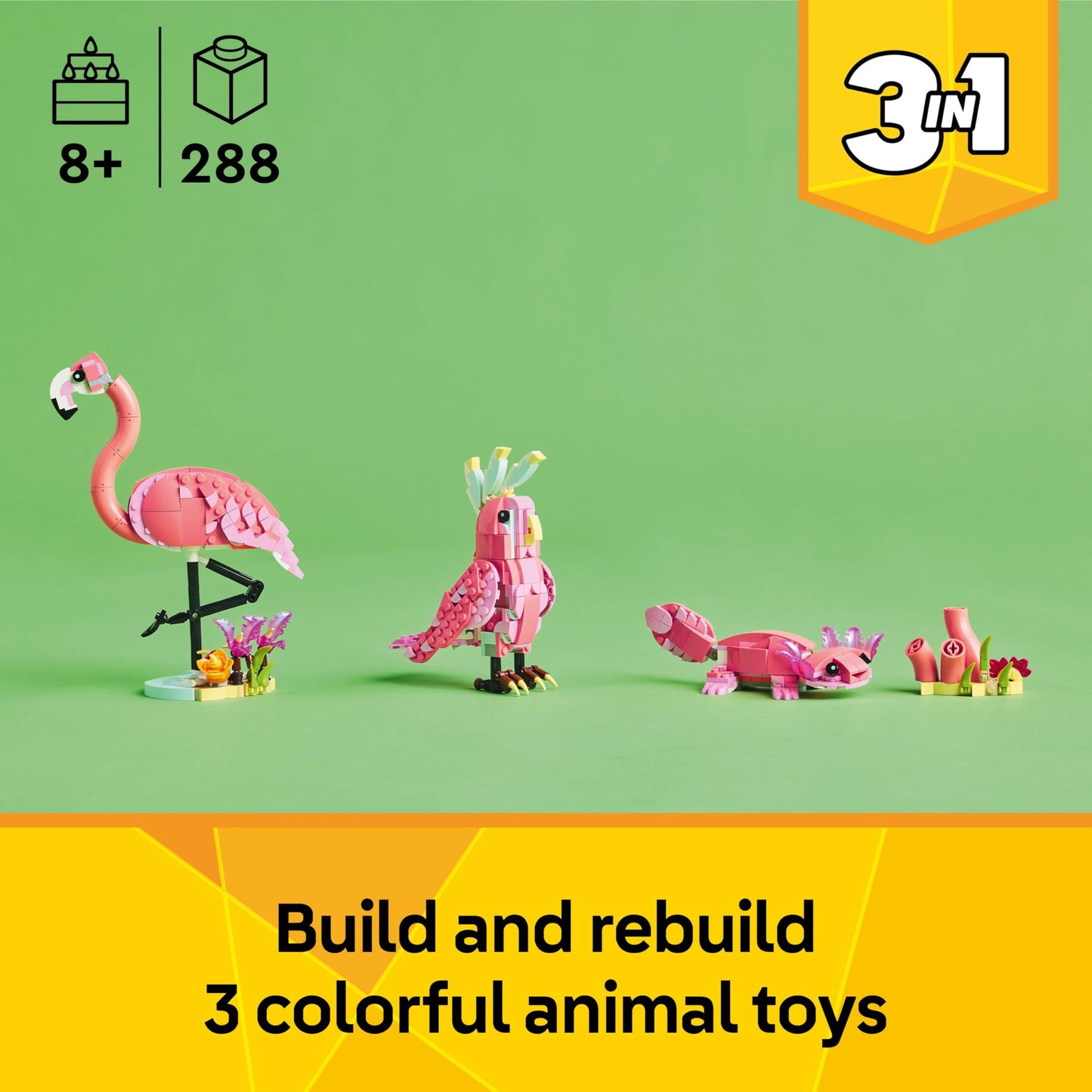 LEGO Creator 3in1 Wild Animals set featuring a pink flamingo, cockatoo parrot, and axolotl toy figures.