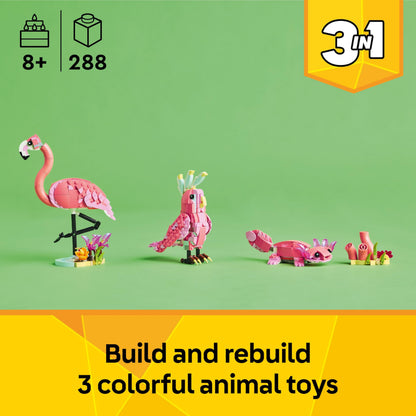LEGO Creator 3in1 Wild Animals set featuring a pink flamingo, cockatoo parrot, and axolotl toy figures.