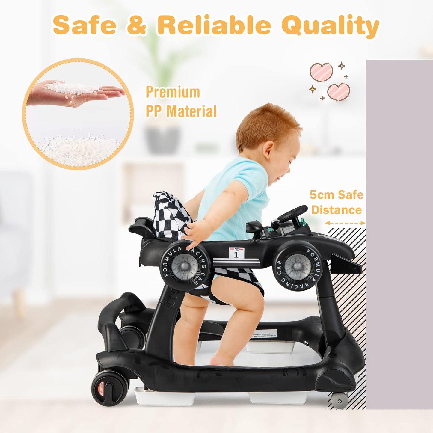 COSTWAY 4-in-1 baby walker with lights, steering wheel, and adjustable height in black, designed for toddlers' early development.