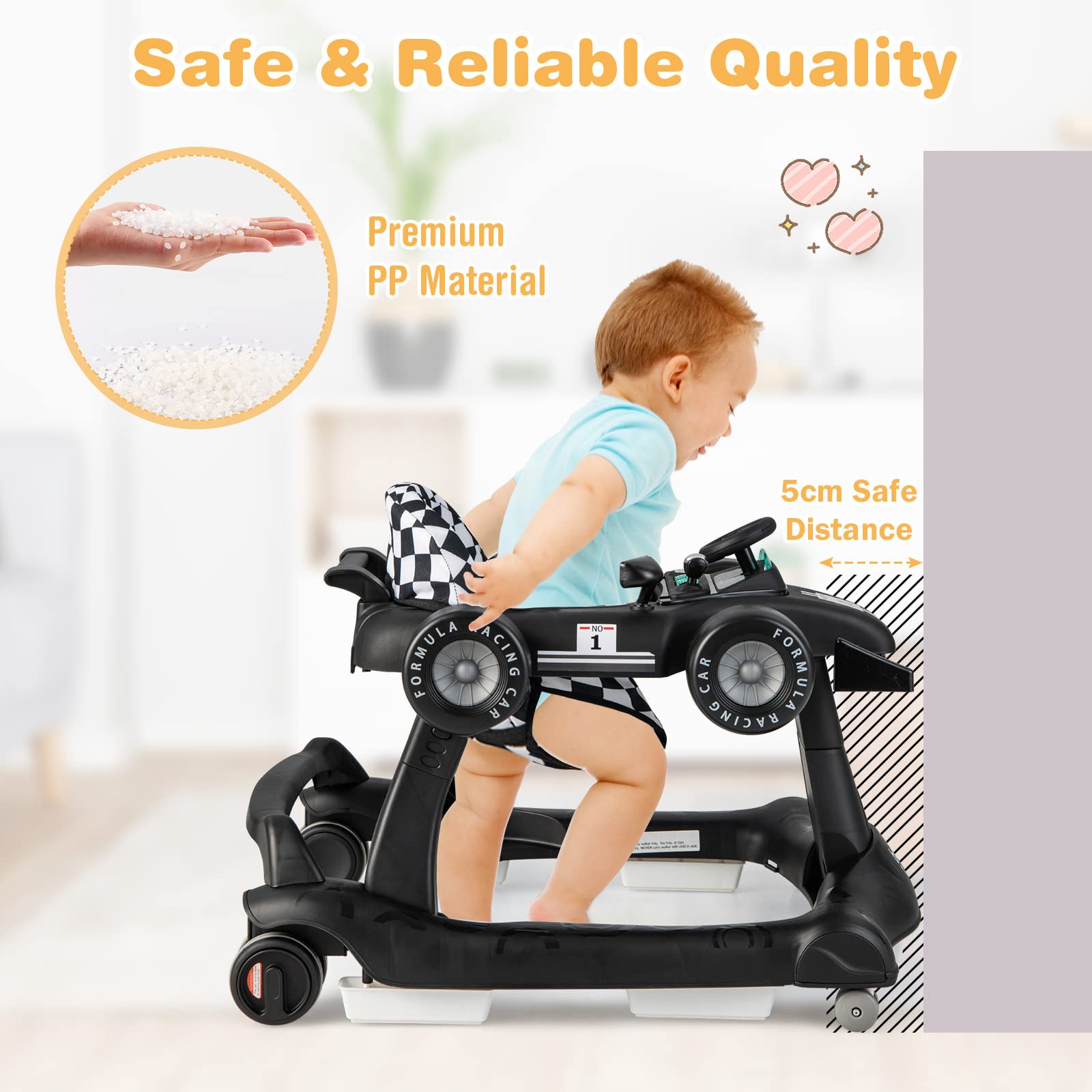 COSTWAY 4-in-1 baby walker with lights, steering wheel, and adjustable height in black, designed for toddlers' early development.
