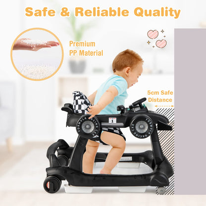 COSTWAY 4-in-1 baby walker with lights, steering wheel, and adjustable height in black, designed for toddlers' early development.