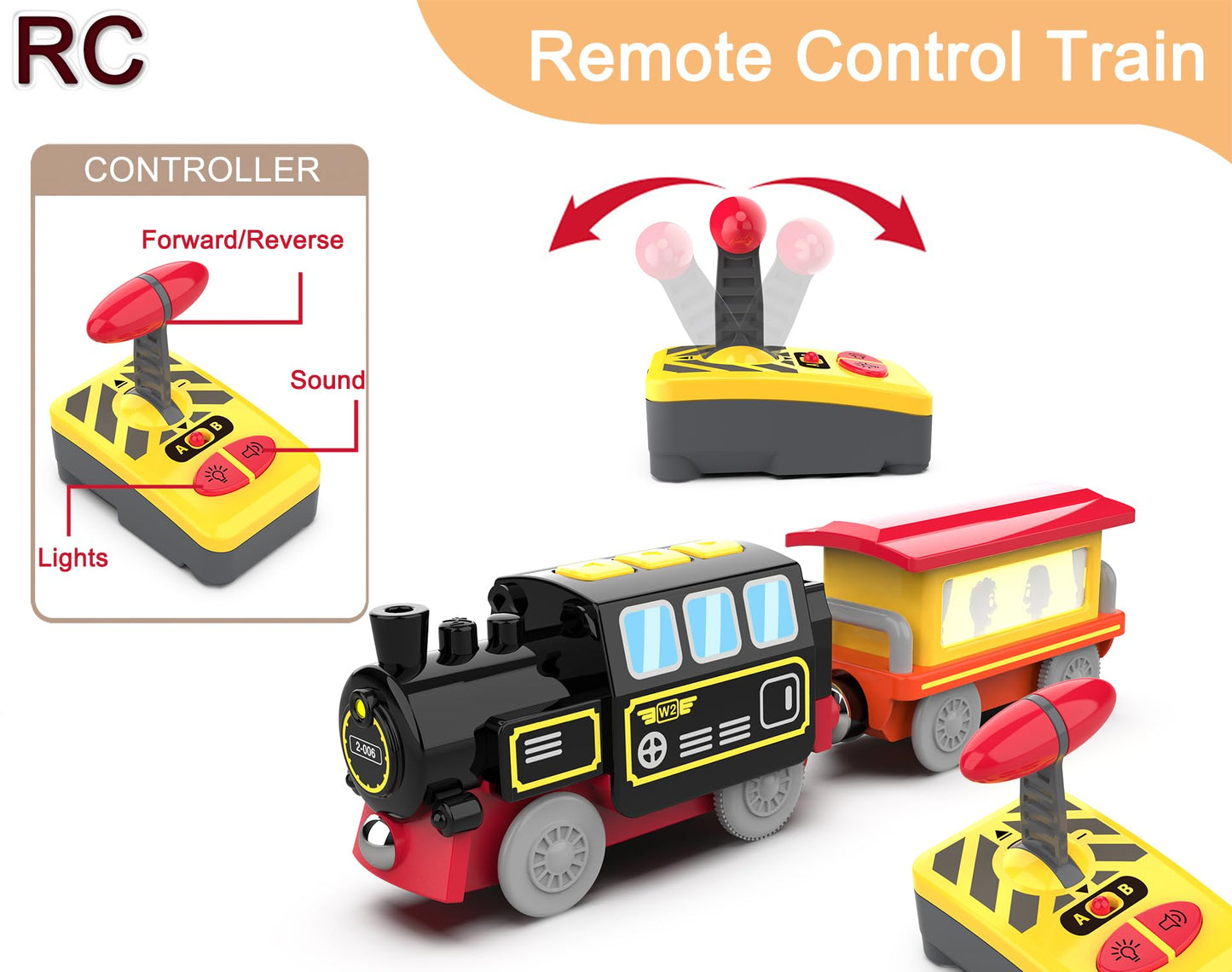 Motorized Train for Wooden Track, Remote Control Train with Magnetic Connection, Battery Operated Locomotive Train for Toddlers, Compatible with Thomas, Brio, Chuggington