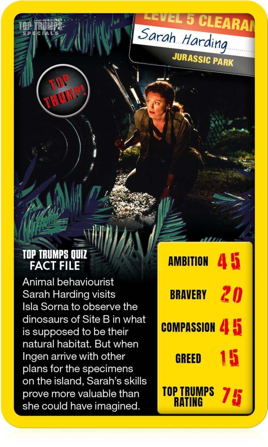 Top Trumps Jurassic Park Specials Card Game, visit Isla Nublar and play with Dr Malcolm, Donald Gennaro, Eric Kirby and Alan Grant, gift for ages 6 plus