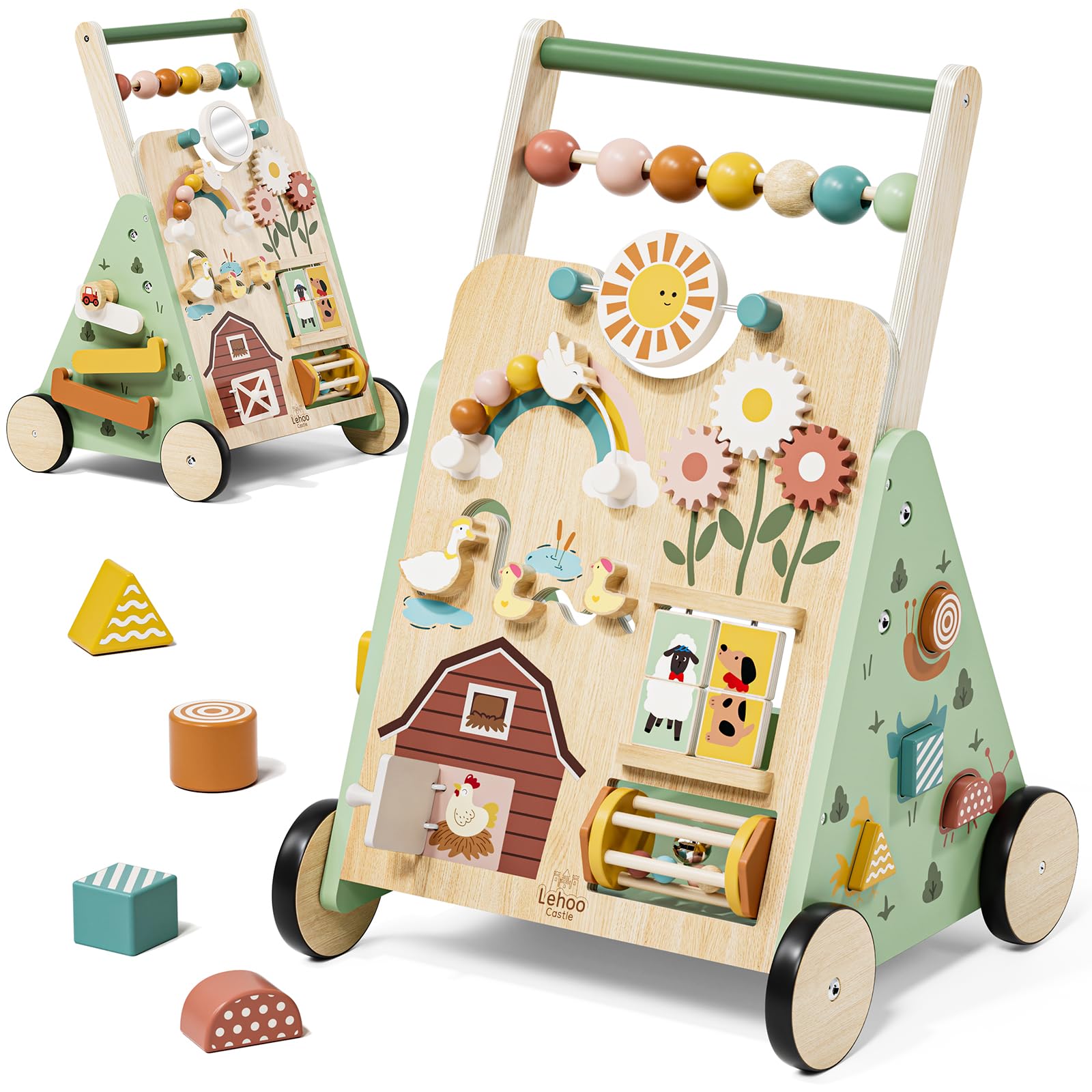 Lehoo Castle wooden baby walker with colorful toys, push-along activity center for 12+ months, ideal for early walking and learning.