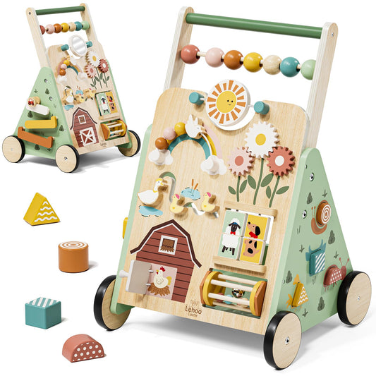 Lehoo Castle wooden baby walker with colorful toys, push-along activity center for 12+ months, ideal for early walking and learning.