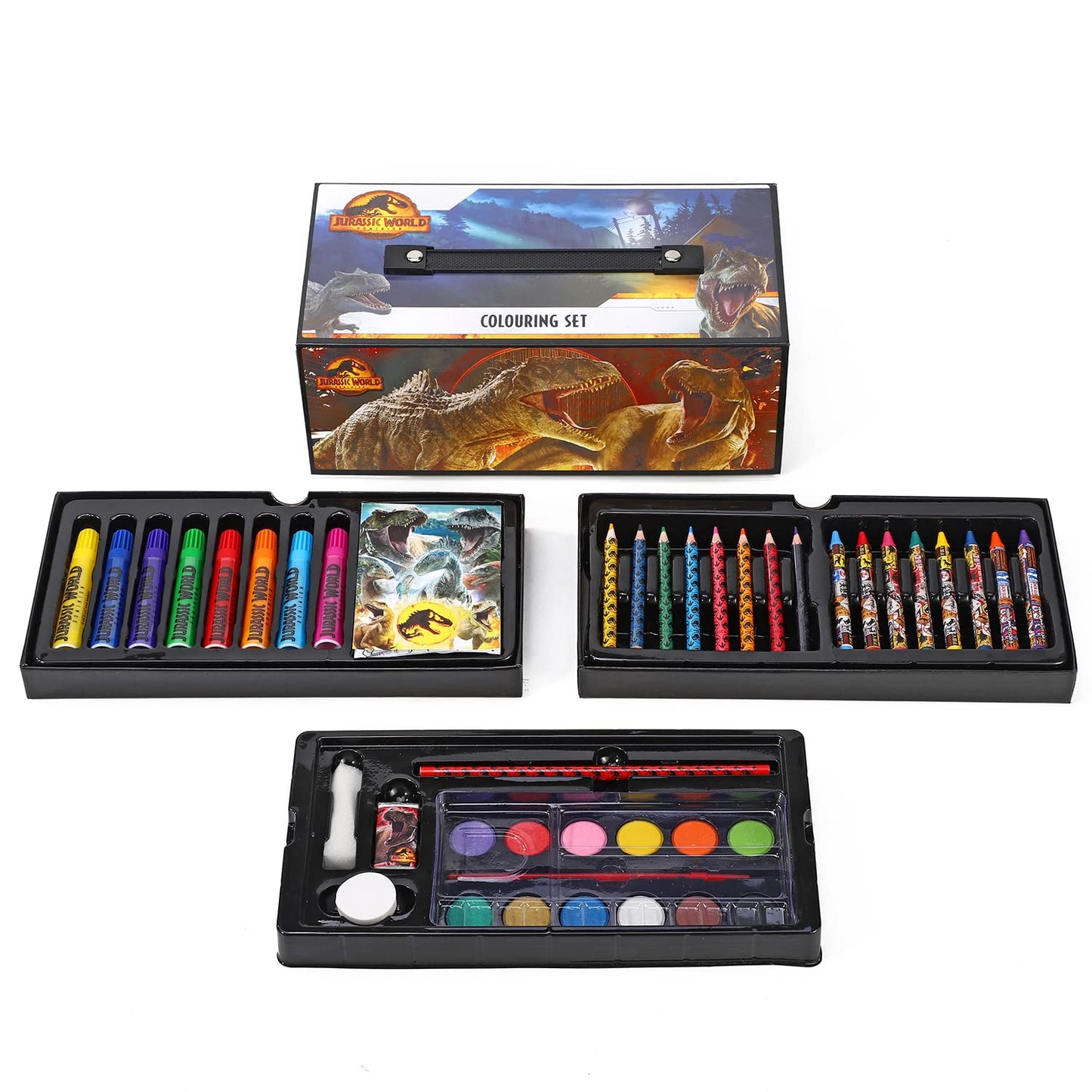 Zawadi Global Jurassic World Kids 52pc Colouring Art Stationery Set with Watercolour Felt Tip Pens Crayons and Pencils Travel Set for Children
