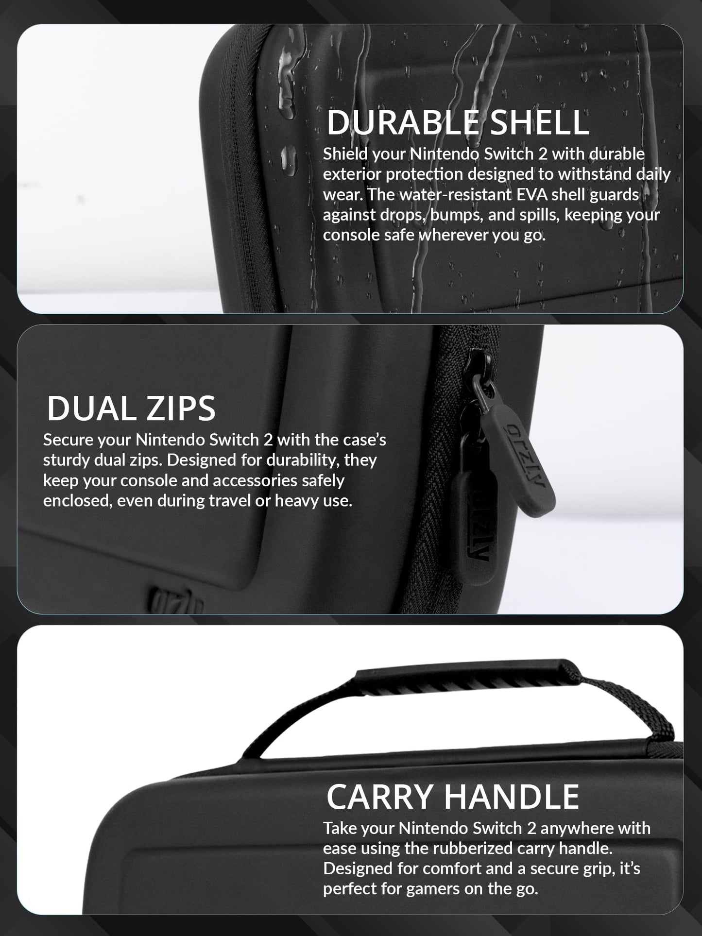 Orzly Nintendo Switch 2 protective travel case with screen padding, game card slots, microSD storage, and zipped pockets for accessories.