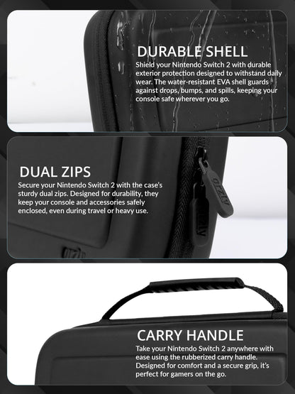 Orzly Nintendo Switch 2 protective travel case with screen padding, game card slots, microSD storage, and zipped pockets for accessories.