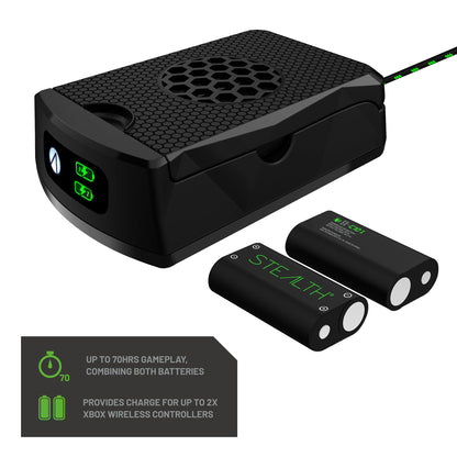 STEALTH SX-C10 X Twin rechargeable battery packs for Xbox Series X controllers, showing the battery packs and charging ports.