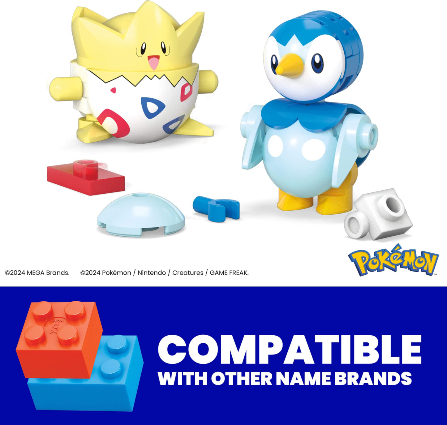 MEGA Pokémon action figure building toys set with Togepi and Piplup in Poké Balls, featuring 41 colorful pieces for kids.