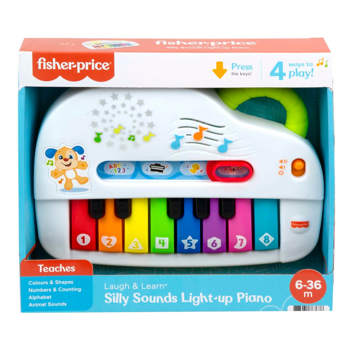 Fisher-Price Silly Sounds Light-Up Piano - UK English Edition, take-along toy piano with lights, real music notes and learning songs for baby and toddlers, GFK04