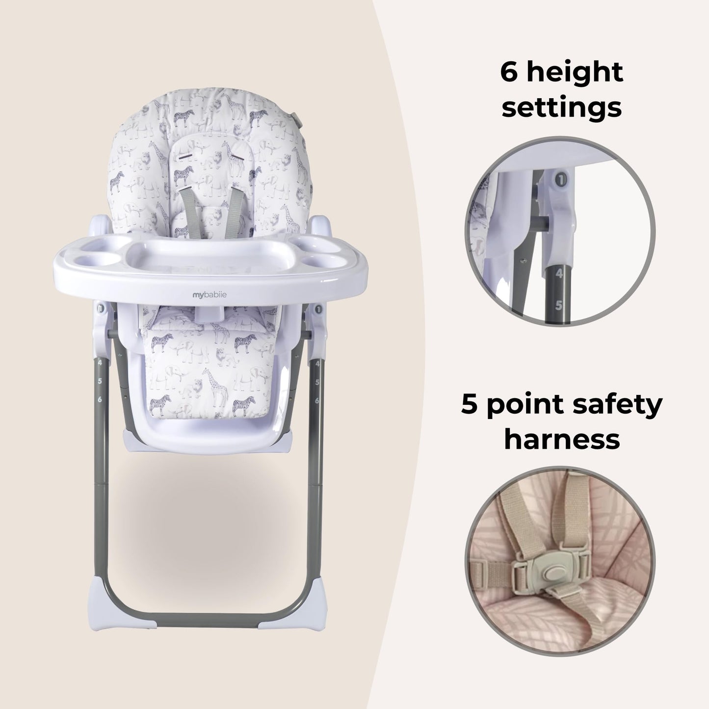 My Babiie MBHC8 Premium Highchair – Adjustable, 3 Recline Positions, 6 Height Settings, Removable Tray, Padded Seat, Foldable, for Toddler, from 6 Months to 3 Years (15kg) – Safari
