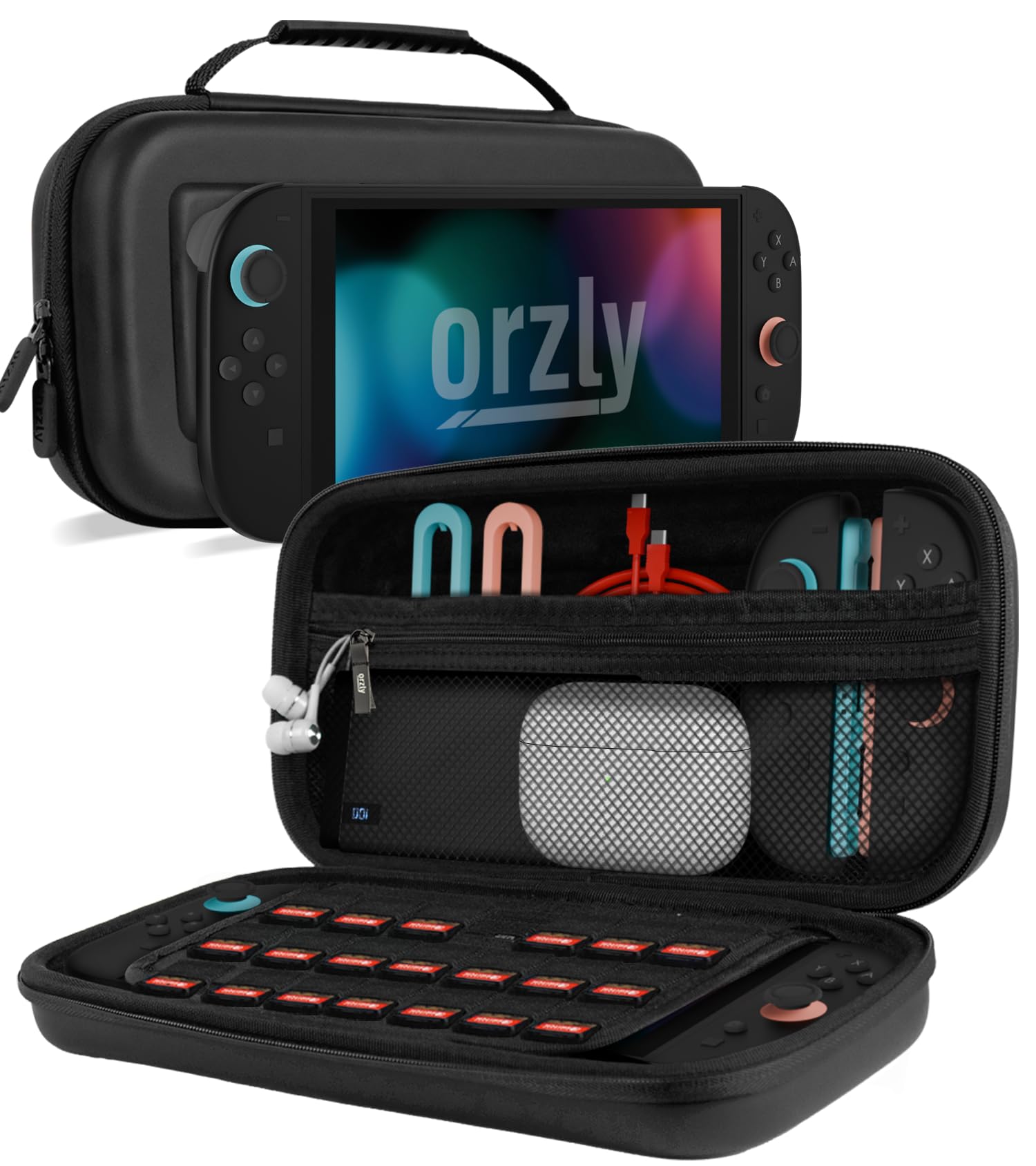 Orzly Nintendo Switch 2 protective travel case with screen padding, game card slots, microSD slots, zipped and open pockets.